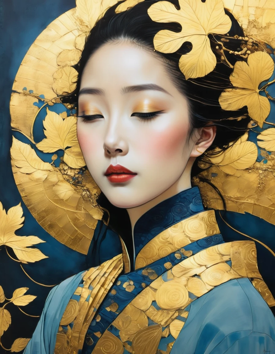 (Gold Leaf Art:1.8), Gold Leaf Art Style, portrait, High resolution, Ultra-fine, (realism: 1.37), Character concept design, Hev Kahraman Style, Portrait of a Chinese girl, Girl Portrait, The eye details are exquisite, Beautiful and delicate lips, Detailed face, long eyelashes, Fashionable urban clothing, Intermission, Blue and gold foil, sharp focus, studio lighting, Stanley Donwood Style, Features, Ink Art, side view, best quality