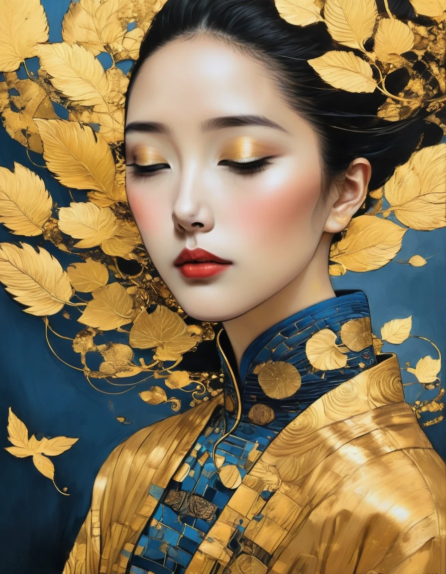 (Gold Leaf Art:1.8), Gold Leaf Art Style, portrait, High resolution, Ultra-fine, (realism: 1.37), Character concept design, Hev Kahraman Style, Portrait of a Chinese girl, Girl Portrait, The eye details are exquisite, Beautiful and delicate lips, Detailed face, long eyelashes, Fashionable urban clothing, Intermission, Blue and gold foil, sharp focus, studio lighting, Stanley Donwood Style, Features, Ink Art, side view, best quality