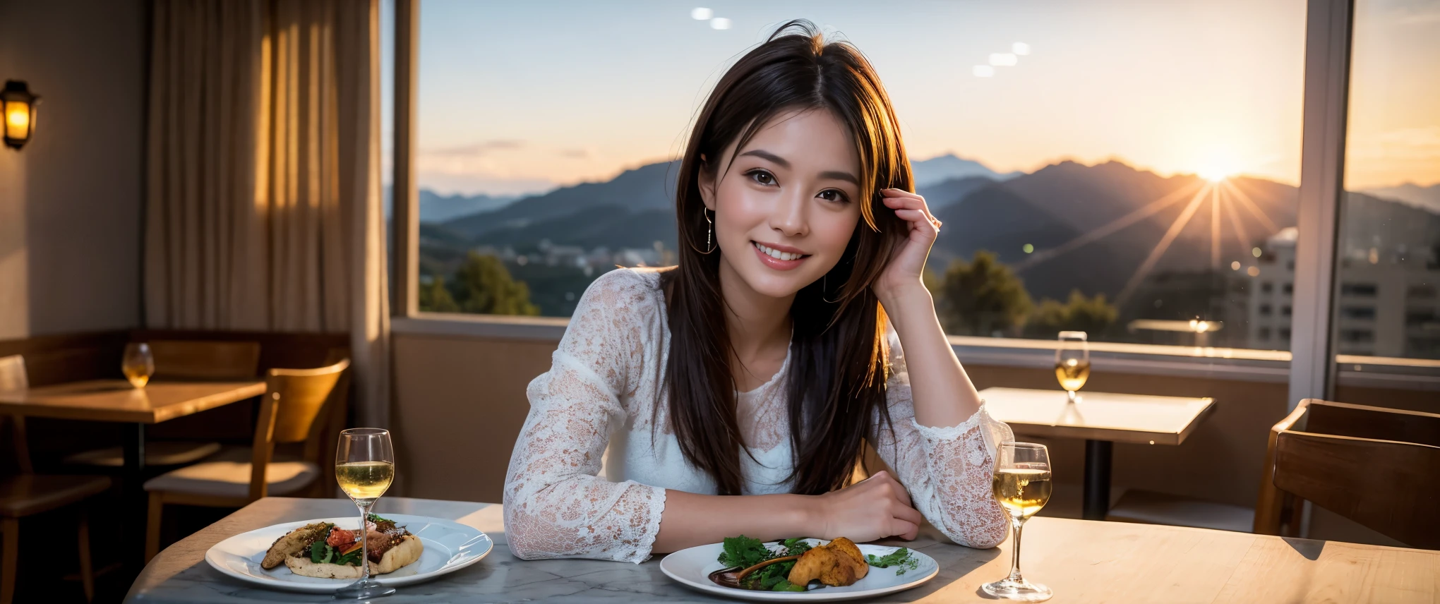 ((highest quality、8K、masterpiece:1.3))、Beautiful woman perfect body:1.4、slimなボディ、((Bob Hale、straight hair:1.2))、 ultra high resolution, bright image、2. Wine Beauties, beautiful face, blue eyes, fine eyes, light shines on your face, blush your nose, short hair,Spectacular view of the sunset sky and clouds、Amazing mountain views、ニコニコ明るいsmile、smileの素敵な女性、bright face、Fox face、lady、Champagne、Wine bottle、wine glass、red wine 、Appetizer、Italian food、two beauties、brown hair、shortcut、long sleeve shirt、winter fashion、dress、wine bottle、sparkling wine、Pretty Woman 1, (slimな顔), (brown hair), (shortcut), cheeks turn a little red, (36 years old), 39 years old, charming beauty、restaurant, nova frog style, actress, model, Upper body, White wine, slim, wine glass, 真ん中に置かれたwine glass, smile, (smile: 1.15), 綺麗なfine eyes, Strong light and shadow,moist body:1.5、delicate eyes、brown hair、The hair is very shiny、