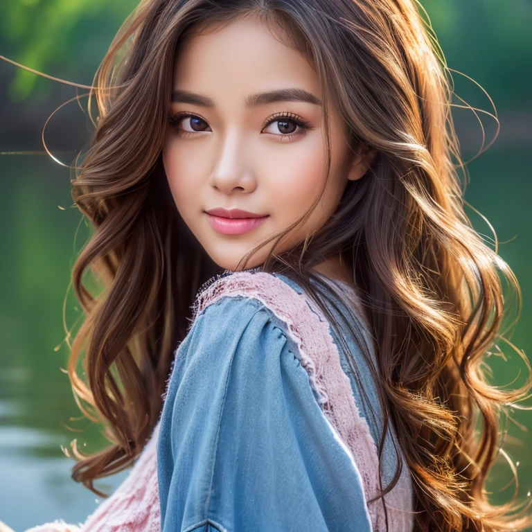 make a full body oil painting photo of a beautiful 30 years old Indonesian woman, round face, beautiful, cute, beautiful eyes, beautiful wavy hair with a slight curl at the ends of her hair, pink and black, with a catchy natural casual outfit, posing in a fishing spot, face glowing with series, photo full HD, perfect clear contrast, 16k, front focus; original photo.beautiful digital painting, beautiful art uhd 4k, beautiful digital artwork, beautiful digital illustration, very beautiful portrait, beautiful detailed portrait, beautiful digital art, very digital art beautiful, stunning digital painting, detailed beauty portrait, beautiful digital painting, 4k detailed painting, beautiful beautiful digital art, UHD, realistic, faint smile.