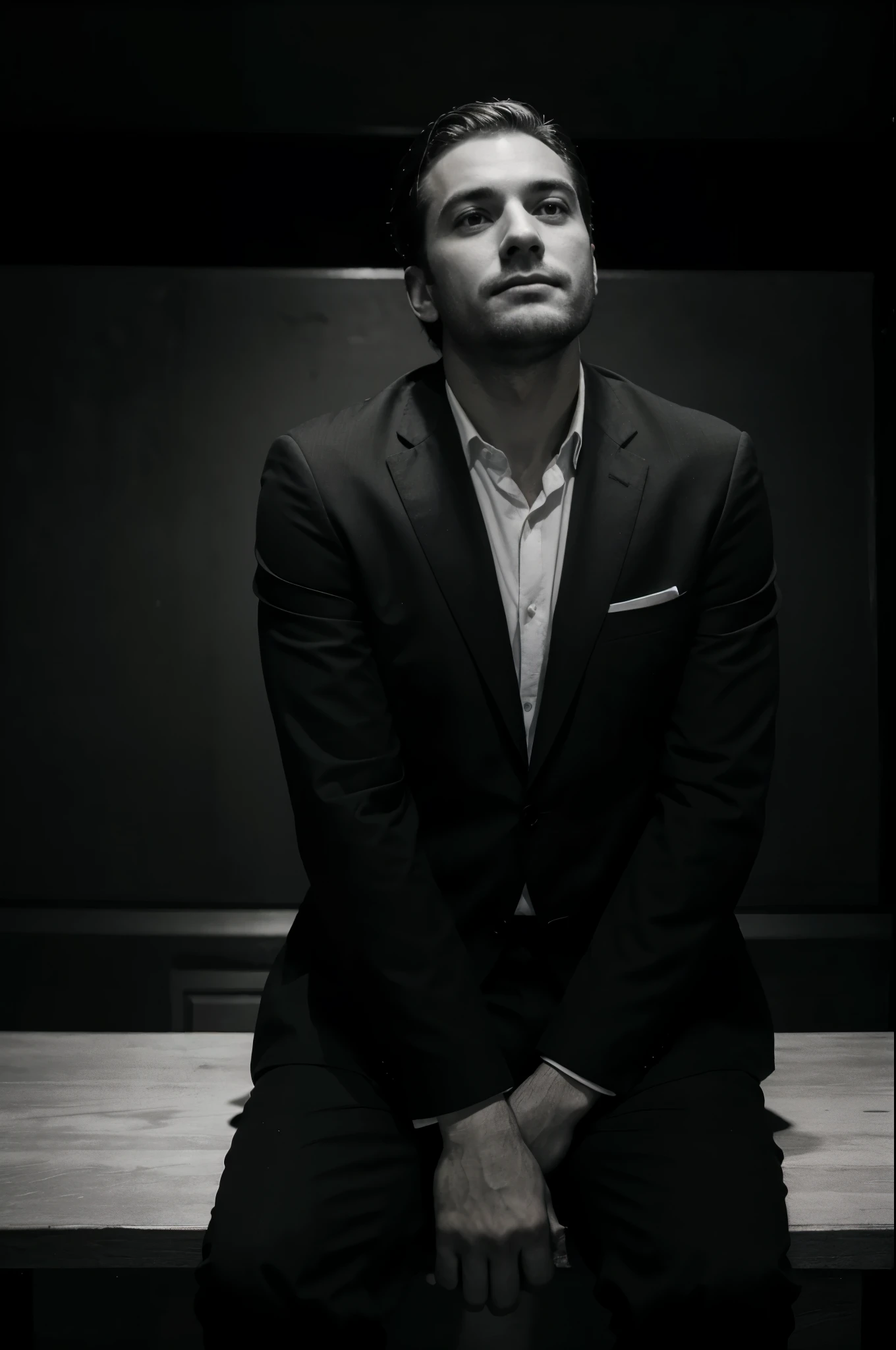 a man sitting in the dark on a stage setting, cinematic photo from downstage , top down light on him, looking up hopeful, hyper realistic, black and white, full body shot, wearing a suit, serious mood, thinking looking up, far shot, black background, 