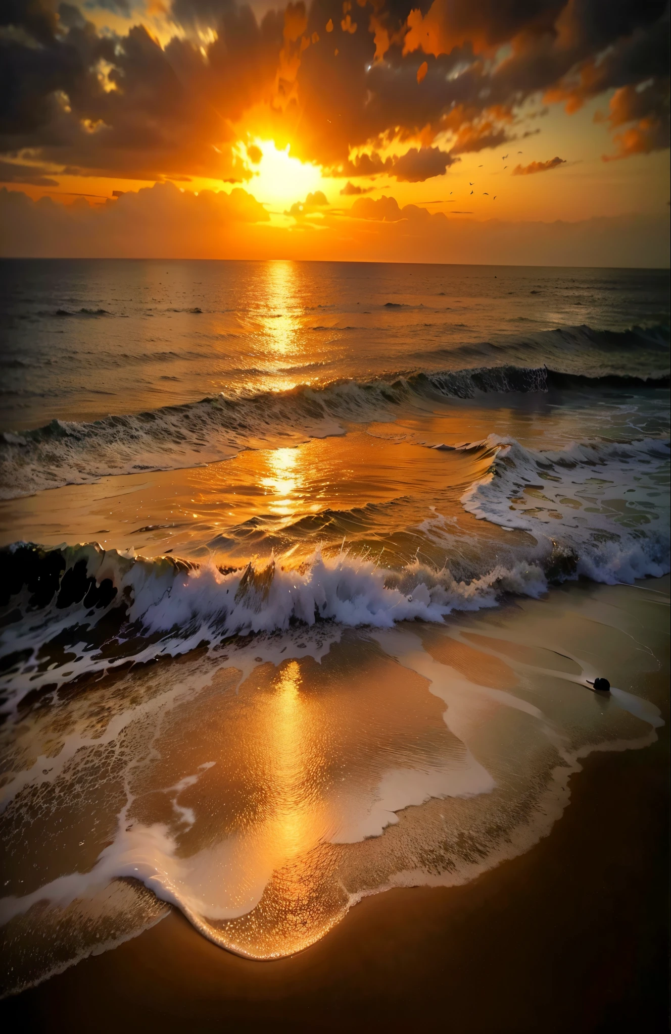 An absolutely mesmerizing sunset over the beach, with a blend of oranges, pinks, and yellows filling the sky. Crystal-clear waters of the sea gently kissing the shore, with sandy white beach stretching far and wide. The scene is dynamic and breathtaking, with seagulls soaring high in the sky and gently swaying palm trees. Take in the calming atmosphere and let the peacefulness wash over you.