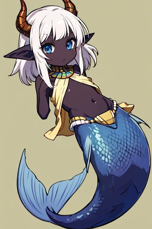mermaid、blue scales、black skin、flat chest、Egyptian clothing、goat horn、white messy hair、blue eyes、pointed ears、belly button、neutral、Calm、Mature
