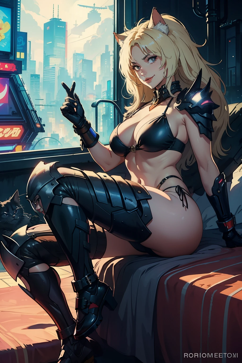 ((highest quality)), ((masterpiece)), (be familiar with), (High definition), 8K, perfect face、2 women、Two blonde women with cat ears、(Smile)、((Lying in a futuristic bed))、tall、2 Blonde cat ears、2. Long Hair、2. Volumetric hair style、big breasts、constricted waist、big ass、glamorous、Glamorous、Bikini Protector、Armor、combat suit、combat boots、cinematic、best shadow、side lighting、NEO TOKYO