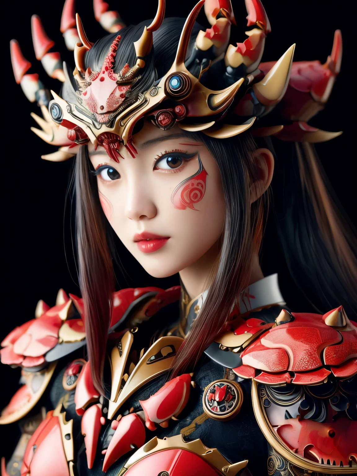 Hyper-realistic portrait of a Japanese girl wearing crab-inspired armor, intricate and detailed design, close-up, shallow depth of field, dramatic lighting, high resolution, accurate representation, unique, creative, well-lit, clear details, Canon EOS R5, 85mm lens, f/1.2, powerful, elegant, sophisticated, well-composed, unique pose, red and black colors