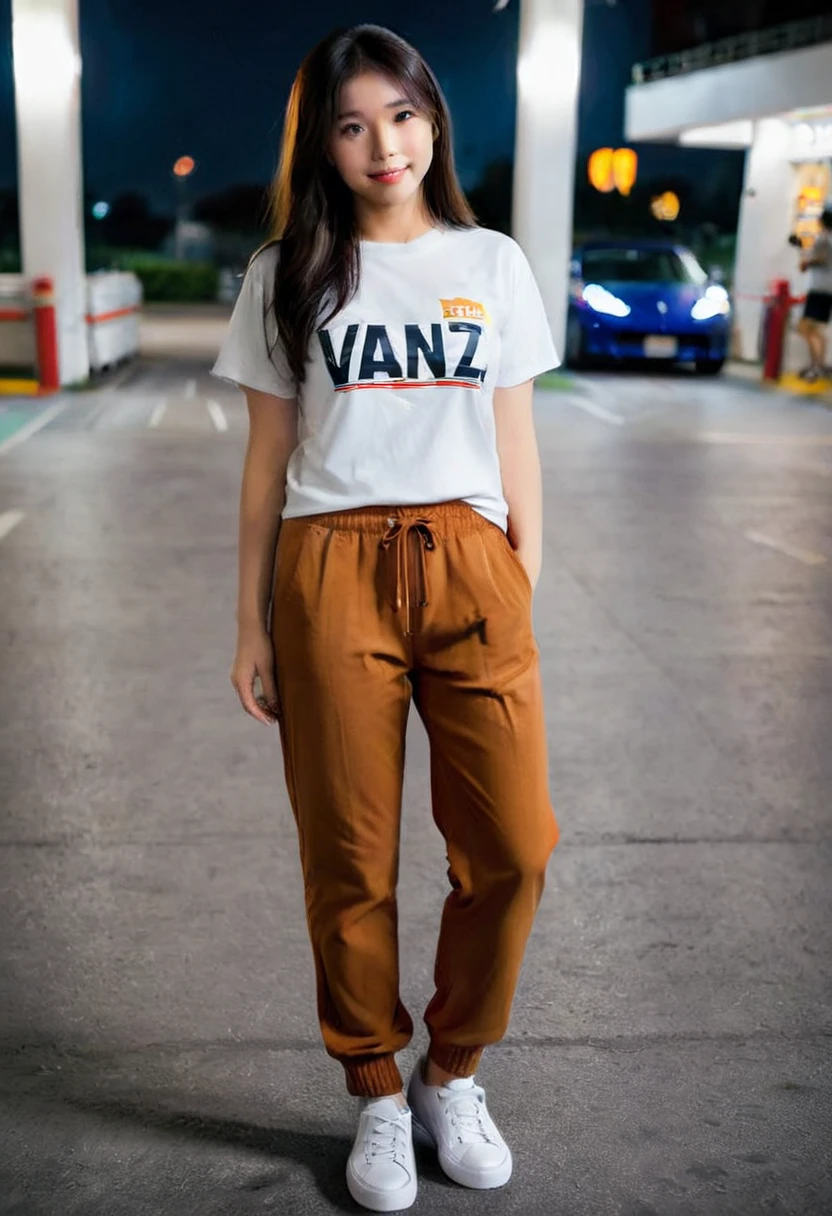Make a realistic photo full HD 8K high resolution, detailed, full body photo, Beautiful girl in detail, soft smile, 20 year old Indonesian with long straight black brown hair, wearing a raglan t-shirt that says "VANZ" and oversized jogger pants, Vans shoes, standing next to Devel Sixteen sports car in the background of the Seven Eleven parking lot at night.