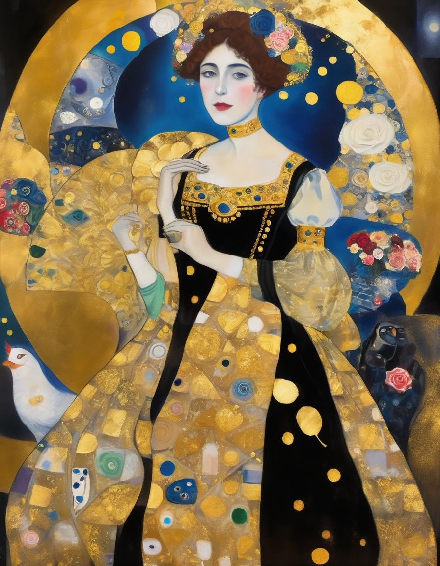 (Gold Leaf Art Style:1.6), gothic lolita, cute, 1girl, solo, full body, black sofa, black dress, absurdres, white lace, ((Marc Chagall style)), magical naive art, primitivism, protogenes, (Higher detail), (gold leaf art:1.5), Best quality, masterpiece, 8k