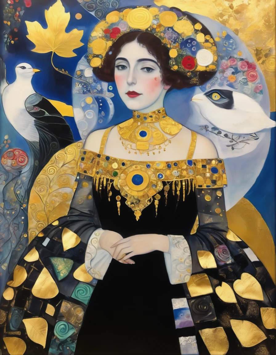 (Gold Leaf Art Style:1.6), gothic lolita, cute, 1girl, solo, full body, black sofa, black dress, absurdres, white lace, ((Marc Chagall style)), magical naive art, primitivism, protogenes, (Higher detail), (gold leaf art:1.5), Best quality, masterpiece, 8k