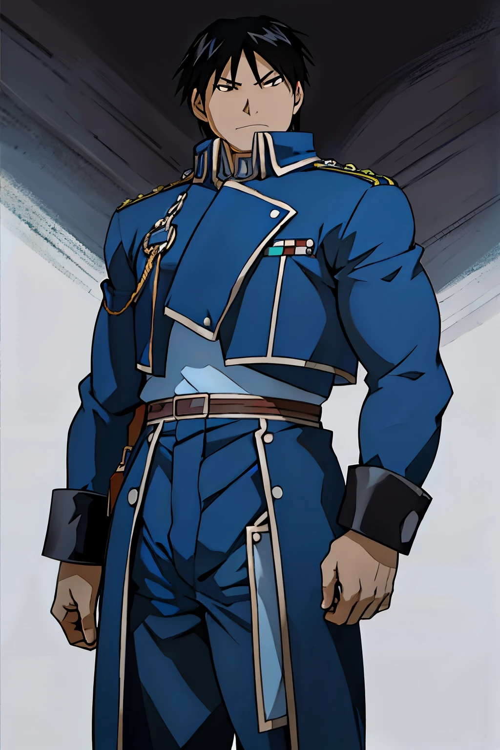 Roy Mustang de Full Metal Alchemist, semidesnudo en falda, musculoso, guapo, piernas grandes, cuerpo definido, (absurdo, high resolution, ultra detallado), 1 male, maduro, hombros anchos, ojos y rostro finamente detallado