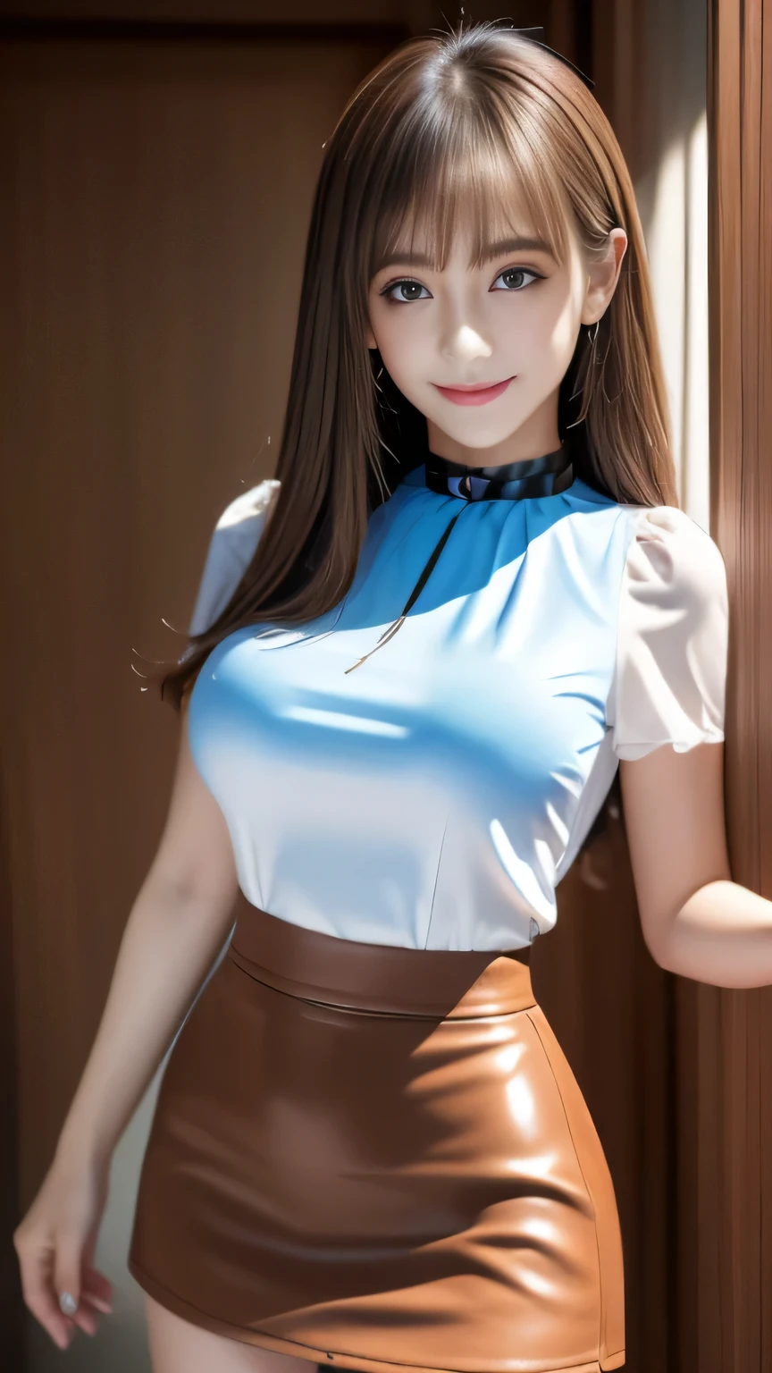 ((highest quality, 8K, Representative works in detail, ultra high resolution)), (looking at the viewer), (cowboy shot), attractive woman, ((big breasts)),  smile, ((black choker)), slim body shape, (Blue colored contacts), long eyelashes, bangs, Beautiful shiny brown hair, Nogizaka Idol, slim face、((clerk))