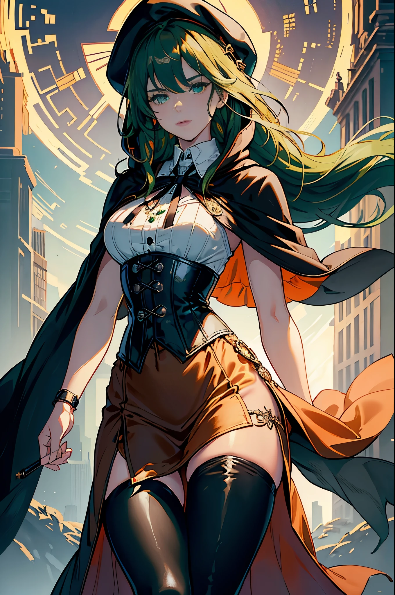 masterpiece, Super detailed, 8K portrait, RAW photo, portrait photography, highly detailed face, beautiful and detailed eyes, ((fantasy)), young and beautiful, 22 years ago, dynamic pose, (((long straight deep green hair))), ((One side is woven with orange ribbon)), dull bangs, beret, white skin color, luxury, hooded (((Dark brown))) (((Silk Long Cloak))) fluttering in the wind, (((dress shirt))), (((silk maxi skirt))), leather corset, (((dark thigh high tights))), High Cut Leather Boots, (((Lift a long magic wand))), ((wear a pocket watch)), midday sun, surreal, body model, small breasts, beautiful breasts, long legs, city, environmental lighting, shadow details , focus the camera on the face, strong wind, light fog