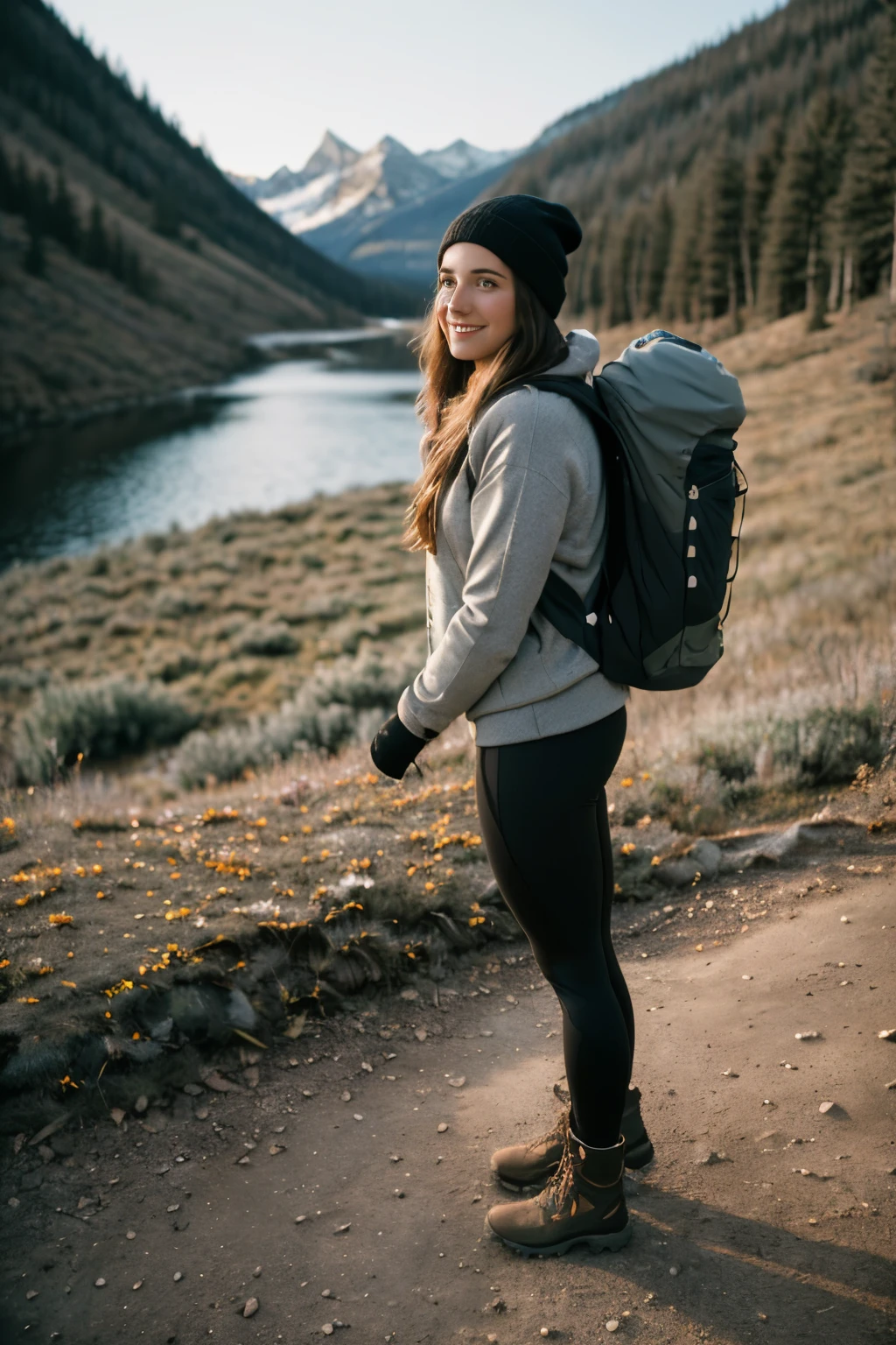 1 woman((full body shot, happy)), masterpiece, best quality, ultra-detailed,  solo, outdoors, (night), mountains, nature, (stars, moon)   cheerful, happy, backpack, sleeping bag, camping stove, water bottle, tight black yoga pants, mountain boots, gloves, sweater, hat, flashlight, forest, rocks, river, wood, smoke, shadows, contrast, clear sky,
analog style (look at viewer:1.2)  (skin texture)
(film grain:1.3), (warm hue, warm tone)