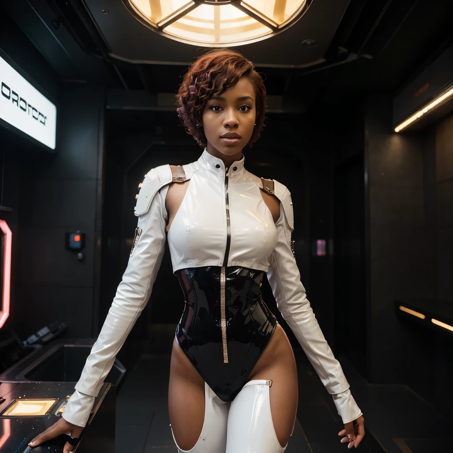 A very beautiful girl, African-American appearance, with short, curly pink hair, slender, Futurism, cyberpunk, steampunk, dressed in a white leather shiny futuristic suit with bronze inserts with elements of space and ethno, standing at full height on a dark background in bright enchanting flashes of neon light , cinematic quality, Masterpiece, high quality photo Cinematic Frame, Hasselblad X2D, ultra-detailed, photorealistic, cinematic quality