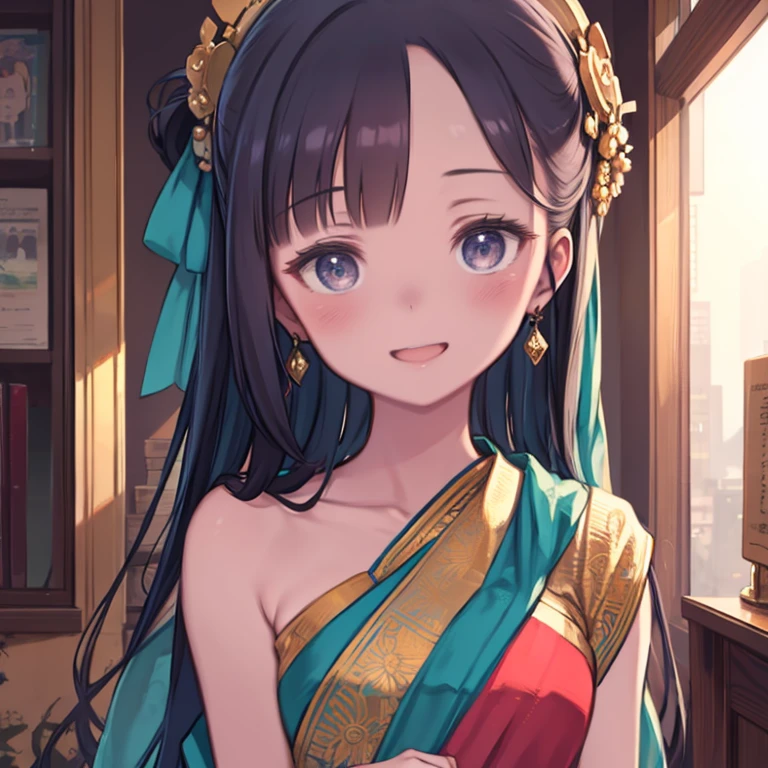 masterpiece, highest quality、Medium wide shot、1. A woman with beautiful eyes、laughing、sari、saree、