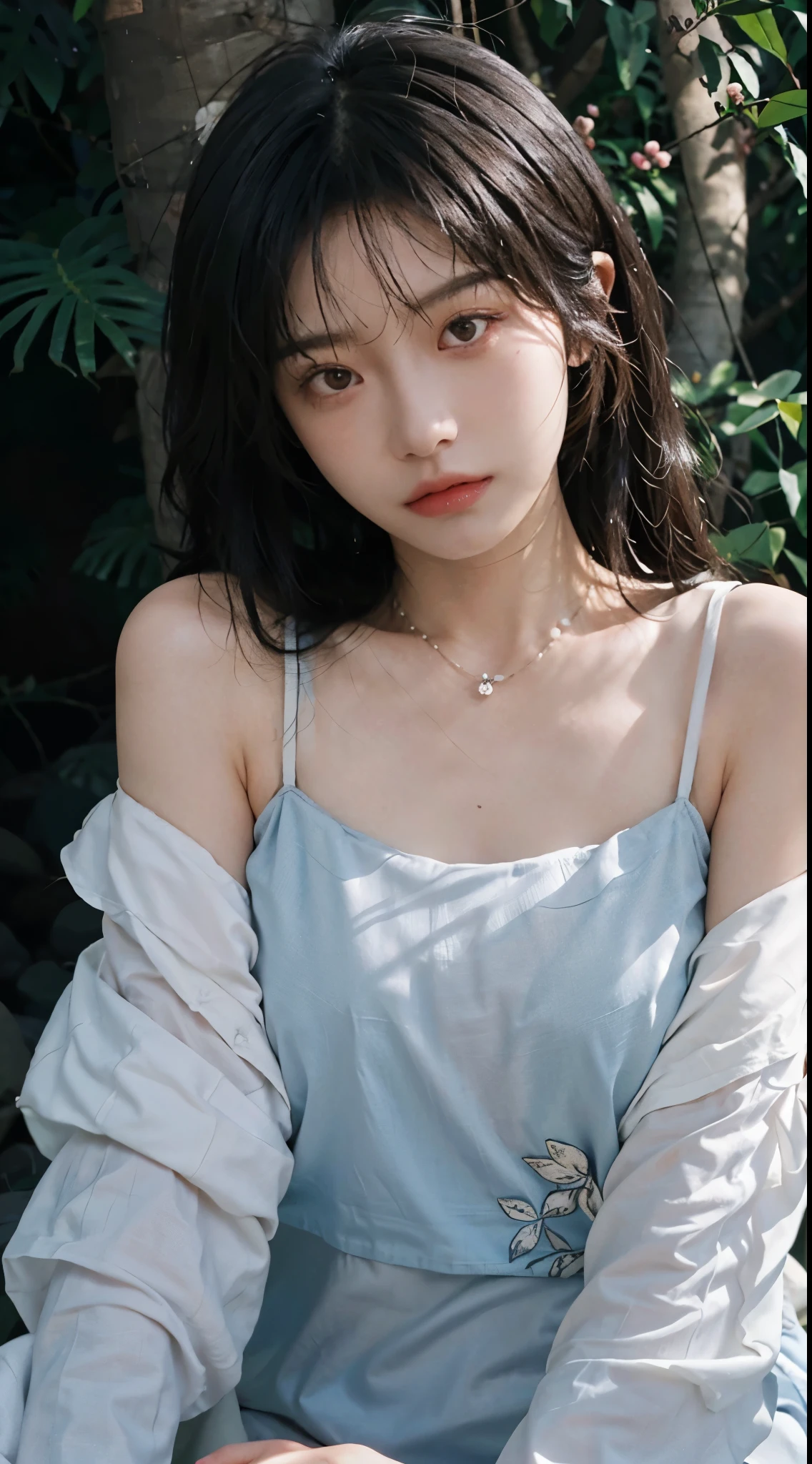 beautiful girl, hair draped over shoulder, Clear eyes, smooth hair, Beautiful and perfect face, The most beautiful big eyes, Long eyelashes, Sweet eyes and a lying silkworm., frowning, Dynamic angle, Ultimate image quality, highest accuracy, Precise and perfect human body, necklace, chest, close up, outdoor, The background is flowers and trees., (far shot, far shot)