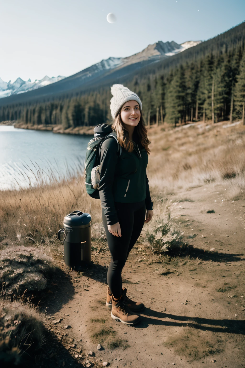 1 woman((full body shot, happy)), masterpiece, best quality, ultra-detailed, solo, outdoors, (night), mountains, nature, (stars, moon) cheerful, happy, backpack, sleeping bag, camping stove, water bottle, tight black yoga pants, mountain boots, gloves, sweater, hat, flashlight, forest, rocks, river, wood, smoke, shadows, contrast, clear sky,
analog style (look at viewer:1.2) (skin texture)
(film grain:1.3), (warm hue, warm tone)