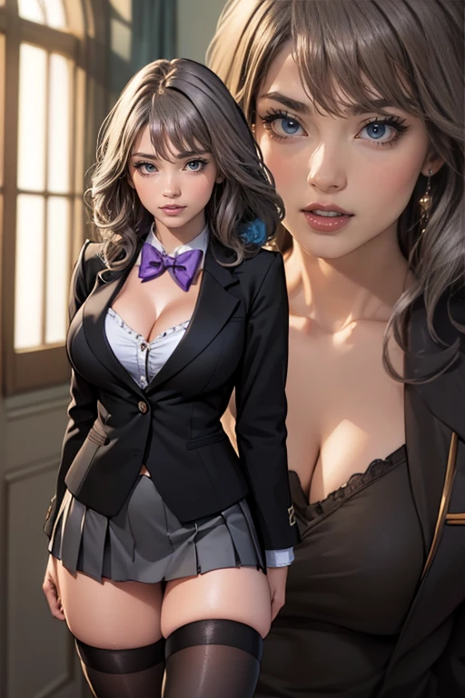 (masterpiece:1.5), (big breasts), 1 girl, young woman, (Beautiful Girl:1.5), (extremely detailed and delicate anime face and eyes:1.5), whole body, (natural light, HDR, extremely details CG:1.3), (dynamic posture:1.3), {correct body anatomy}, (wide hips:1.4), (perfect hands:1.3), single focus, toned body, Beautiful Lips, thick lips, {surreal}, {correct posture}, {minutes details}, {detailed body}, {detailed clothing}, {Bright Eyes}, (cleavage: 1.3), {accessories}, {sexy}, {solo}, (black wafuku: 1.5), (black school uniform: 1.3), (Short black blazer: 1.5), (black blouse: 1.3), long sleeves jacket, (short skirt: 1.3), skirt, (bowtie: 1.3), hairclip, jewelry, earrings, (brown thighhighs: 1.5), loafers, (medium hair: 1.5), (permed hair: 1.3), (gray hair: 1.5), (swept bangs: 1.3), (lilac eyes: 1.3), disdain,