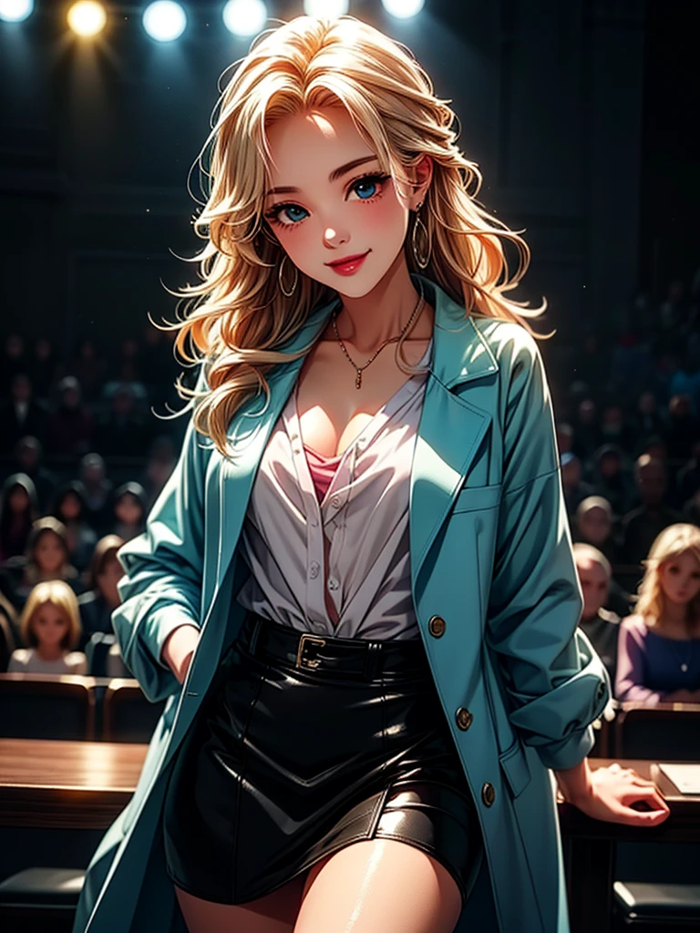 Fayobore style, masterpiece, best quality, 1 girl, 21 years old, Smile, pink lips, aqua eyes, blonde hair, Medium chest, Keep your mouth shut, crystal earrings, jewelry, looking at the audience, mini skirt, shirt, Short blue coat, long hair, alone, Cowboy shooting, Put your hands behind your head, dim, dark, high contrast, Caustics