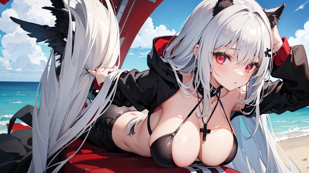 Long gray hair,blood red eyes,Necklace with cross,Wearing a black and white goth bikini,beach,beach球,Woman on top position