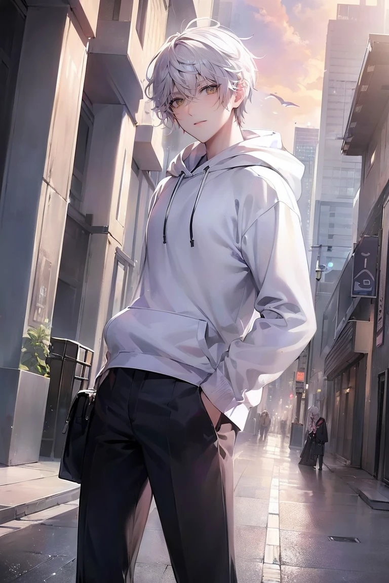 (4K works、(最high quality)、((City of night))、((In front of the main gate of the workplace))、((In front of the main gate of the building))、sunset view、adult male、((adult male 26 years old))、Cheerful man、expensive、((smiling face))、((Strong Eyes))、((He is wearing a white hoodie、Wearing black trousers))、((face becomes smaller))、because I&#39;thin、((hooligan))、((white hair))、((White short-haired))、((purple eyes))、((Shot from a close angle))、((one person))、((solo photo))、((Stand in front of the main gate))8K, High resolution, realistic, high quality, masterpiece, Character from a low angle, Display the area under your feet, Wearing a black coat and carrying a gun, City background with skyscrapers, Dusk or dawn time