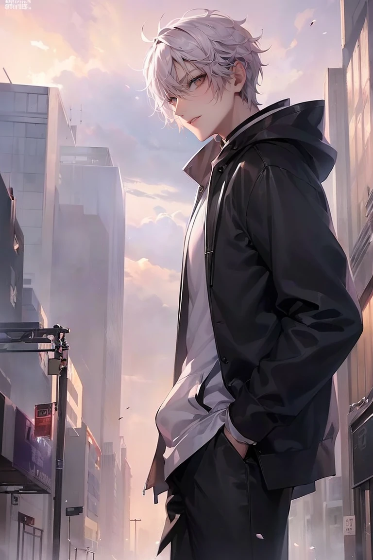 (4K works、(最high quality)、((City of night))、((In front of the main gate of the workplace))、((In front of the main gate of the building))、sunset view、adult male、((adult male 26 years old))、Cheerful man、expensive、((smiling face))、((Strong Eyes))、((He is wearing a white hoodie、Wearing black trousers))、((face becomes smaller))、because I'thin、((hooligan))、((white hair))、((White short-haired))、((purple eyes))、((Shot from a close angle))、((one person))、((solo photo))、((Stand in front of the main gate))8K, High resolution, realistic, high quality, masterpiece, Character from a low angle, Display the area under your feet, Wearing a black coat and carrying a gun, City background with skyscrapers, Dusk or dawn time