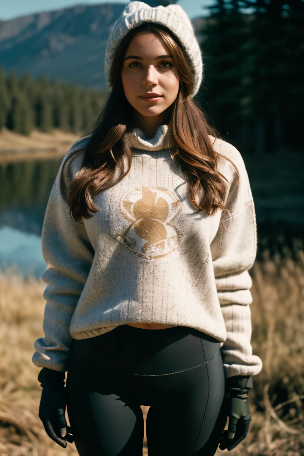 1 woman((full body shot, happy)), masterpiece, best quality, ultra-detailed,  solo, outdoors, (night), mountains, nature, (stars, moon)   cheerful, happy, backpack, sleeping bag, camping stove, water bottle, large ass, tight black yoga pants, mountain boots, gloves, large breasts, sweater, hat, flashlight, forest, rocks, river, wood, smoke, shadows, contrast, clear sky,
analog style (look at viewer:1.2)  (skin texture)
(film grain:1.3), (warm hue, warm tone)