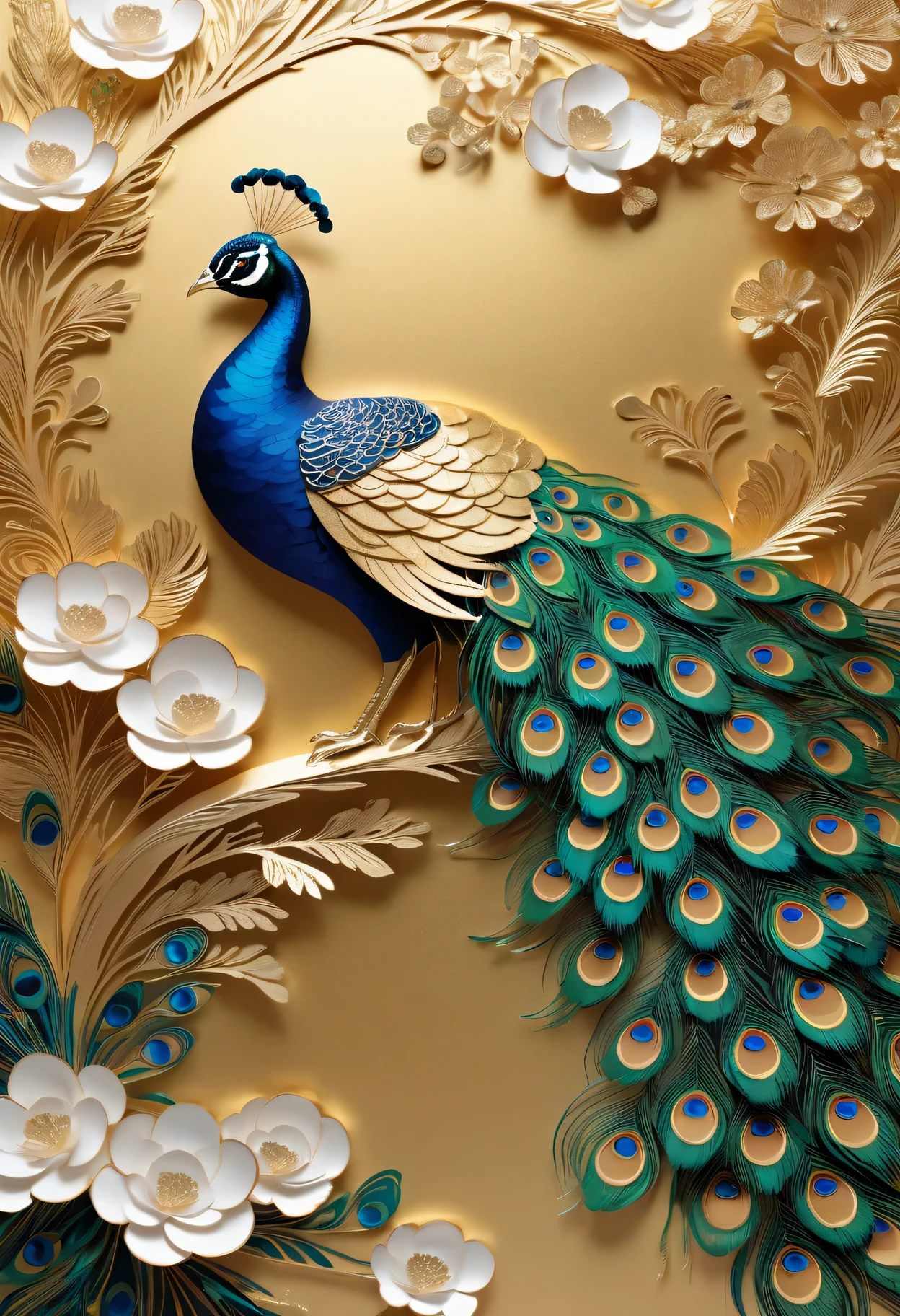 (best quality,4k,8k,highres,masterpiece:1.2),ultra-detailed,(realistic,photorealistic,photo-realistic:1.37),paper-cut style:gold foil peacock,ornate feathers and patterns,rich color palette,meticulous craftmanship,fine details,paper folding techniques,shadows and highlights,play of light and shadow,paper texture,traditional Chinese art,aesthetic beauty,elegant and intricate designs,floating peacock feathers,fantasy atmosphere,vivid and vibrant colors,precise and delicate paper cuts,handcrafted artwork,beautifully layered composition,exquisite cut-out patterns,paper scrolls and flowers,splashes of gold and silver,reflections on the gold foil,sense of depth and dimension,ethereal and dreamlike,dynamic and flowing peacock tail feathers,graceful and enchanting,airy and weightless,serene and harmonious