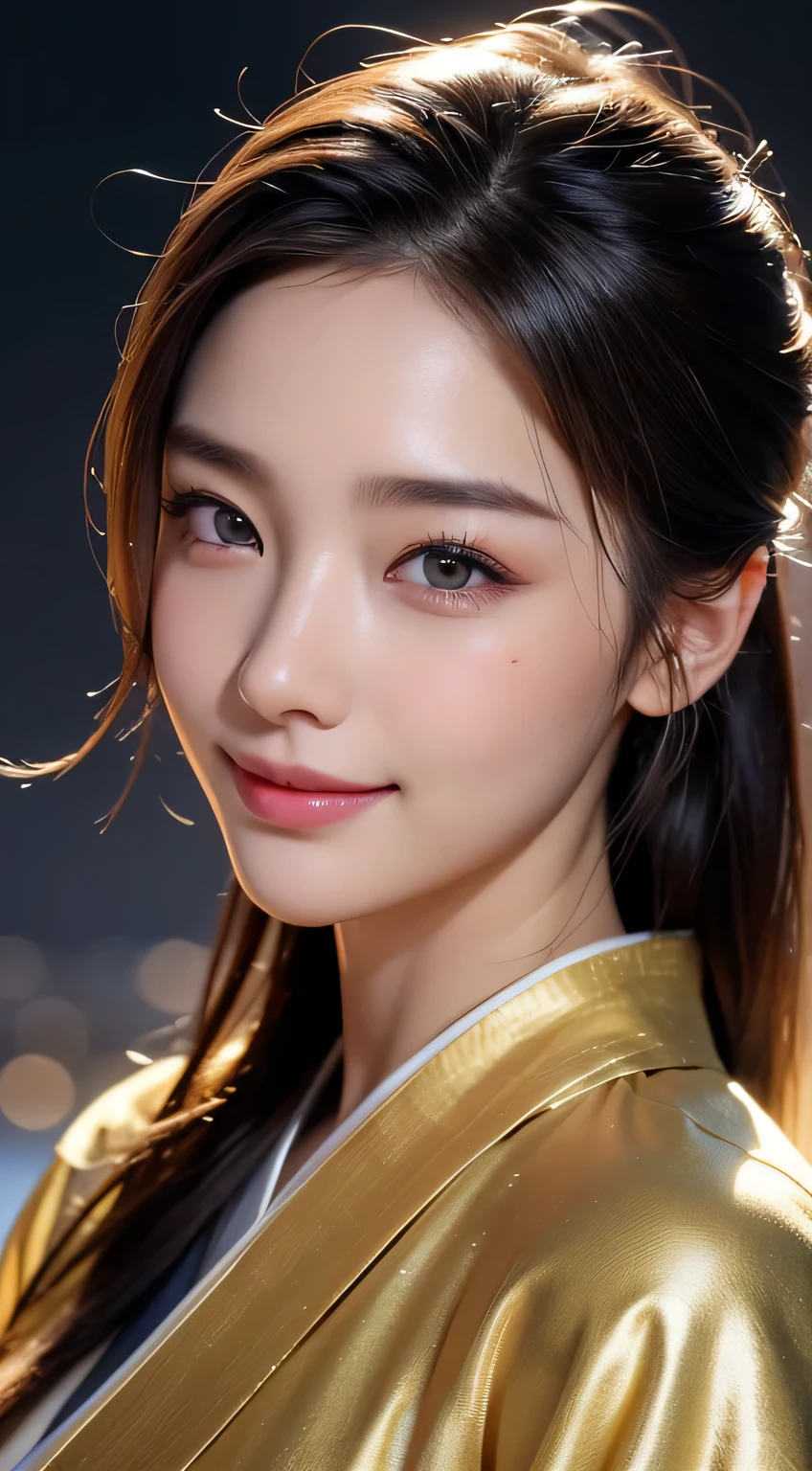 Beautiful woman in kimono,body portrait、8k,thin and beautiful eyes,Dindal effect、masterpiece, 最high quality, high quality, High resolution、very detailed photos、(natural skin texture、fine skin、hyper realism、Super sharpness)、high detail skin、(very detailed、fine skin texture、intricate details、beautiful face、(lifelike face)、realistic eyes、beautiful and detailed eyes、real looking skin、beautiful skin、surreal、very detailed、golden ratio、with smiling eyes、((night moonlight background))、body portrait