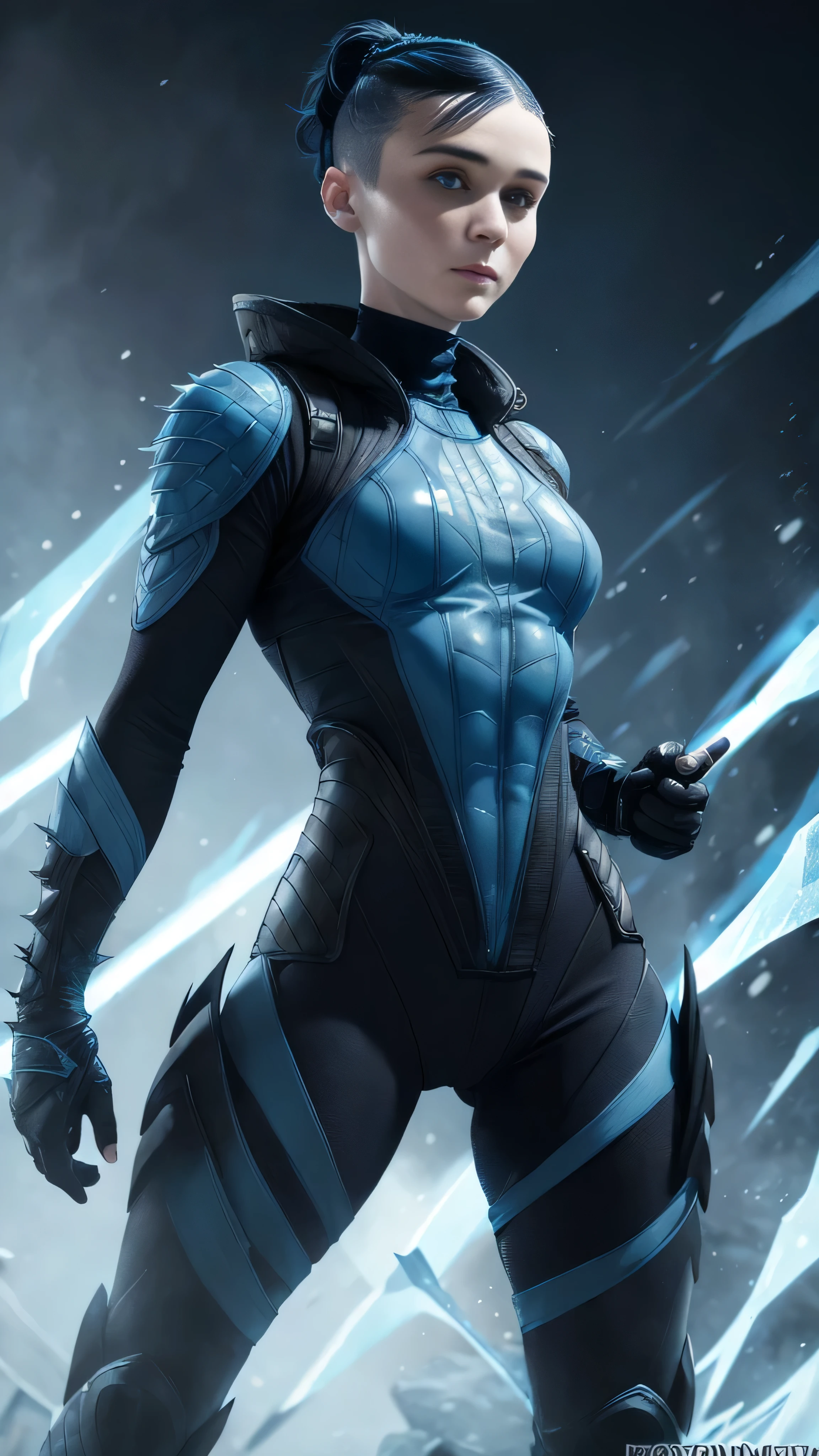 ((Rooney Mara)) as Frost from Mortal Kombat, youthful athletic build, short spiky light blue hair, blue-and-black ninja outfit, form-fitting bodysuit, cold and ice on background, 1woman, solo, full body view, intricate, high detail, sharp focus, dramatic, photorealistic painting art by greg rutkowski
