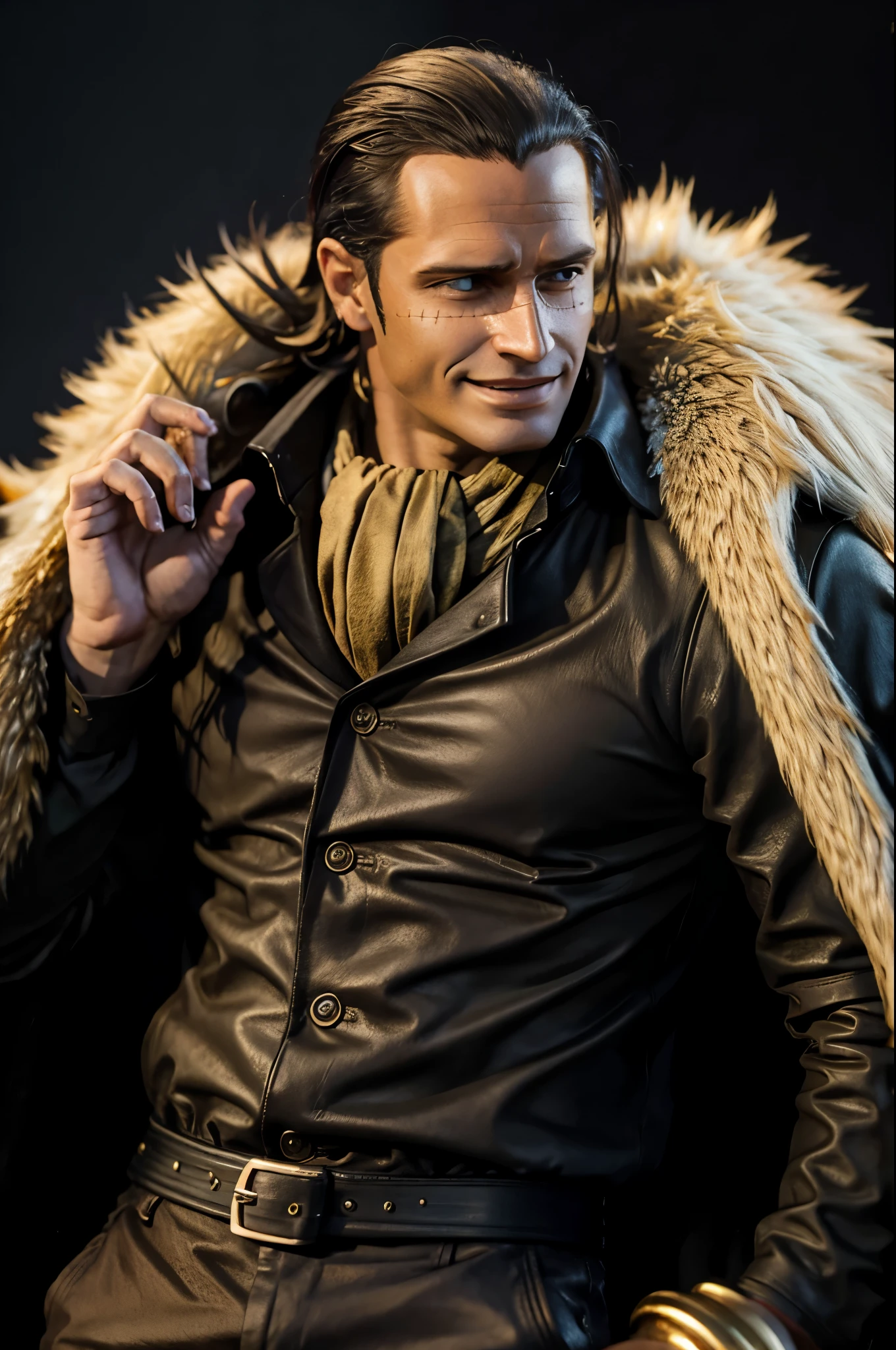 masterpiece, best quality, extremely detailed, hyperrealistic, photorealistic, a cool 40s man, ultra detailed face:1.2, fur-trimmed coat, scarf around the neck, his left hand is a golden pirate hook:1.1, cigar, office, holding a snail:1.1, talking on the phone:1.1
