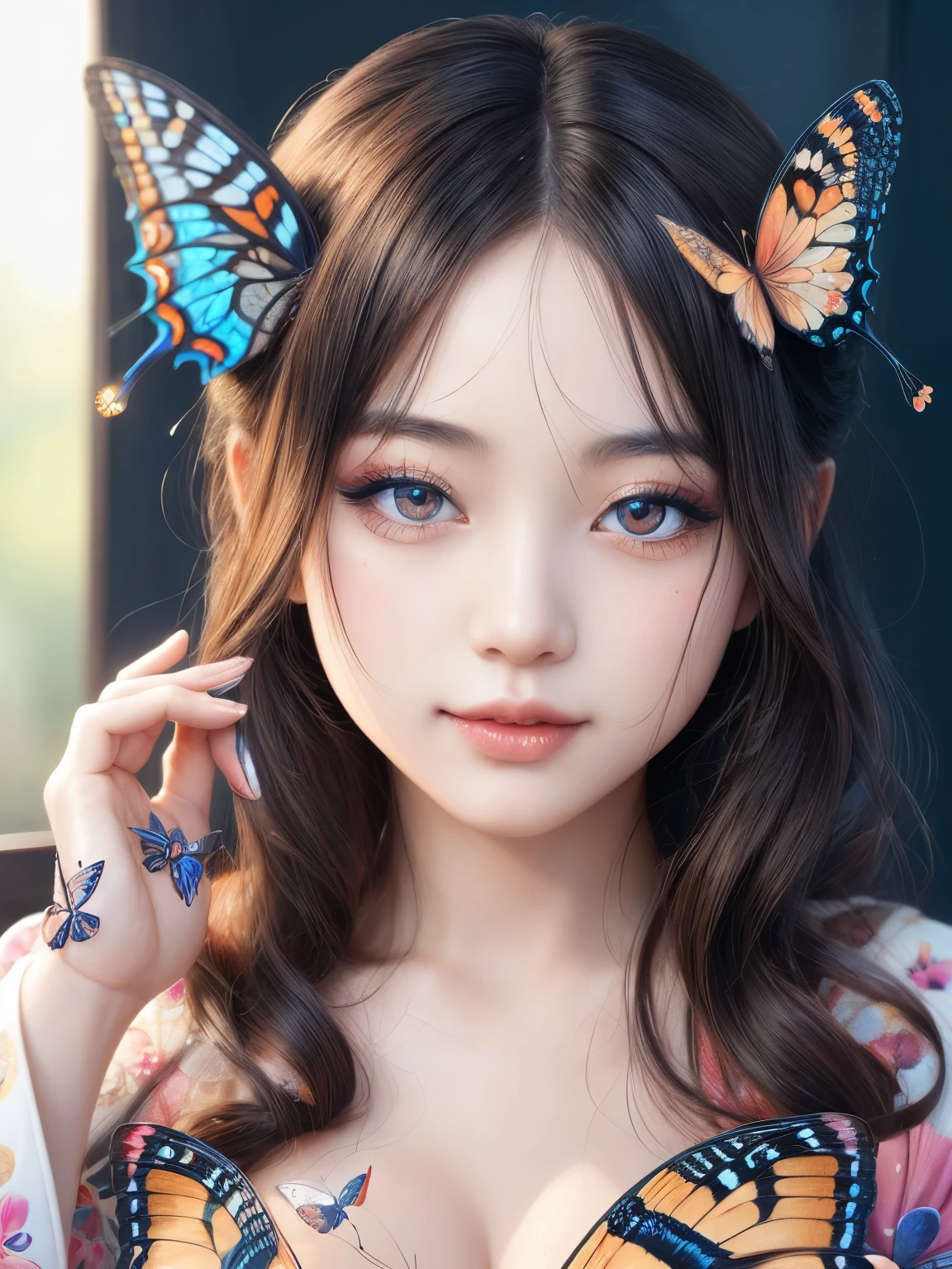 Hyper-realistic portrait of a Japanese girl with butterfly-inspired makeup and accessories, intricate and detailed design, close-up, shallow depth of field, soft lighting, high resolution, accurate representation, unique, creative, well-lit, clear details, Canon EOS R5, 100mm macro lens, f/2.8, elegant, sophisticated, well-composed, unique pose, warm color tones