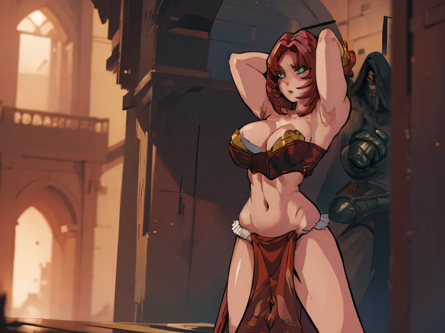 masterpiece, best quality, ultra-detailed, adult Cala 1girl, solo, Desert_Sorceress_outfit, arms above head, hood, large breasts, bracelet, full body, high heels, surprised, worried, red hair, spiky hair, full body, looking at the viewer, female focus, green eyes