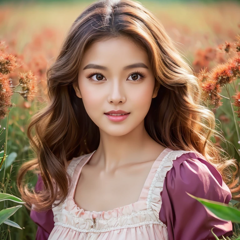 make a full body oil painting photo of a beautiful 30 years old Indonesian woman, round face, beautiful, cute, beautiful eyes, beautiful wavy hair with a slight curl at the ends of her hair, pink and black, with a catchy natural casual outfit, posing in a beautiful meadow garden, face glowing with series, photo full HD, perfect clear contrast, 16k, front focus; original photo.beautiful digital painting, beautiful art uhd 4k, beautiful digital artwork, beautiful digital illustration, very beautiful portrait, beautiful detailed portrait, beautiful digital art, very digital art beautiful, stunning digital painting, detailed beauty portrait, beautiful digital painting, 4k detailed painting, beautiful beautiful digital art, UHD, realistic, faint smile.

