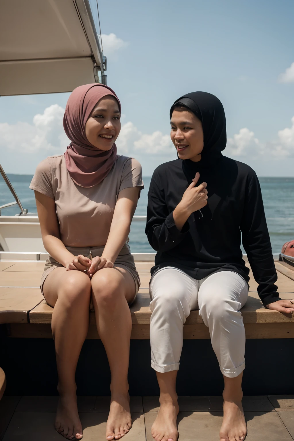 4D caricature of a pair of Indonesian hijab men and women sitting on a boat, Indonesian sea background Hyper realistic High contrast High color effect 8k Focus details