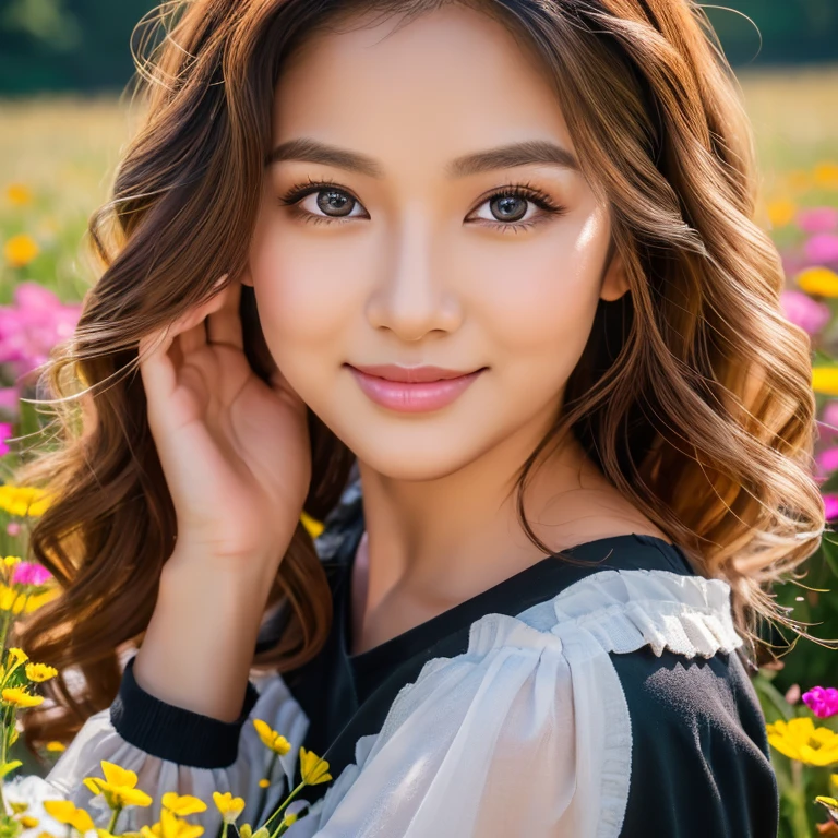 make a full body oil painting photo of a beautiful 30 years old Indonesian woman, round face, beautiful, cute, beautiful eyes, beautiful wavy hair with a slight curl at the ends of her hair, pink and black, with a catchy natural casual outfit, posing in a beautiful meadow garden, face glowing with series, photo full HD, perfect clear contrast, 16k, front focus; original photo.beautiful digital painting, beautiful art uhd 4k, beautiful digital artwork, beautiful digital illustration, very beautiful portrait, beautiful detailed portrait, beautiful digital art, very digital art beautiful, stunning digital painting, detailed beauty portrait, beautiful digital painting, 4k detailed painting, beautiful beautiful digital art, UHD, realistic, faint smile.