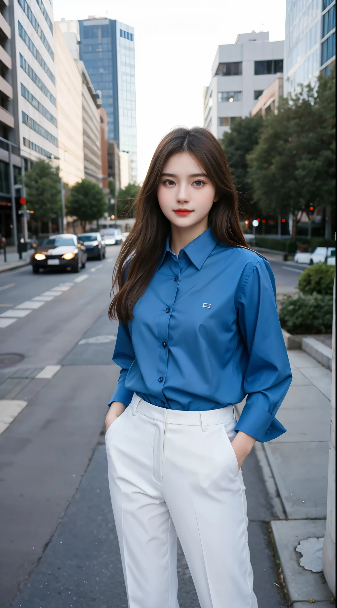 A woman standing on a city street in a blue shirt and white pants ...
