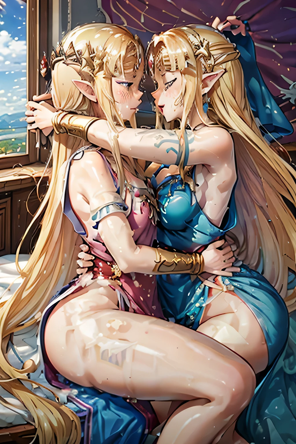 2 women having sex in bed, princess zelda in a revealing blue dress having sex with another princess zelda in a revealing pink dress, big breasts, big butt, long blonde hair, blonde hair, on top of each other, side view, lying down on each other, (2 girls) kissing sensually, hentai scene, anime scene