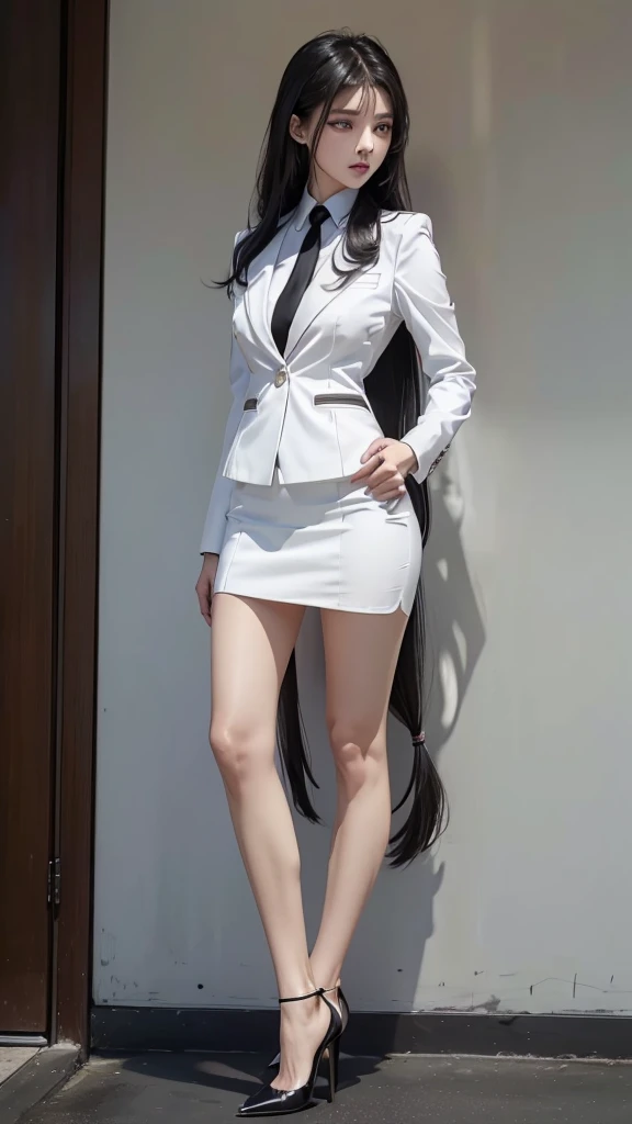 Beautiful girl with two meter long hair, long black hair, ชุดสูทผู้หญิงwhite, (wearing a women&#39;s suit, Business woman&#39;s suit, white), (ชุดสูทผู้หญิงwhite), (เสื้อเชิ้ตwhite), (Thai women&#39;s short black necktie), (Military rank insignia), (short pencil skirtwhite), tight, (dynamic post), full body, (Huge breasts, thin body, small waist, hips raised, small thighs, Long legs), A gigantic rift, black high heels, (short pencil skirt, white), (Wearing a white business suit, สูทนักธุรกิจหญิงwhite), tight, military regalia,