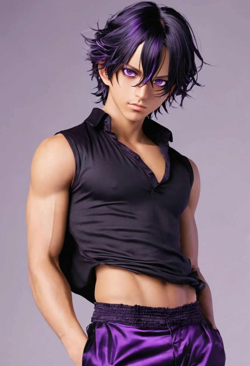 Boku no hero academia character man with black hair with white highlights and slanted purple eyes with serious expression without shirt