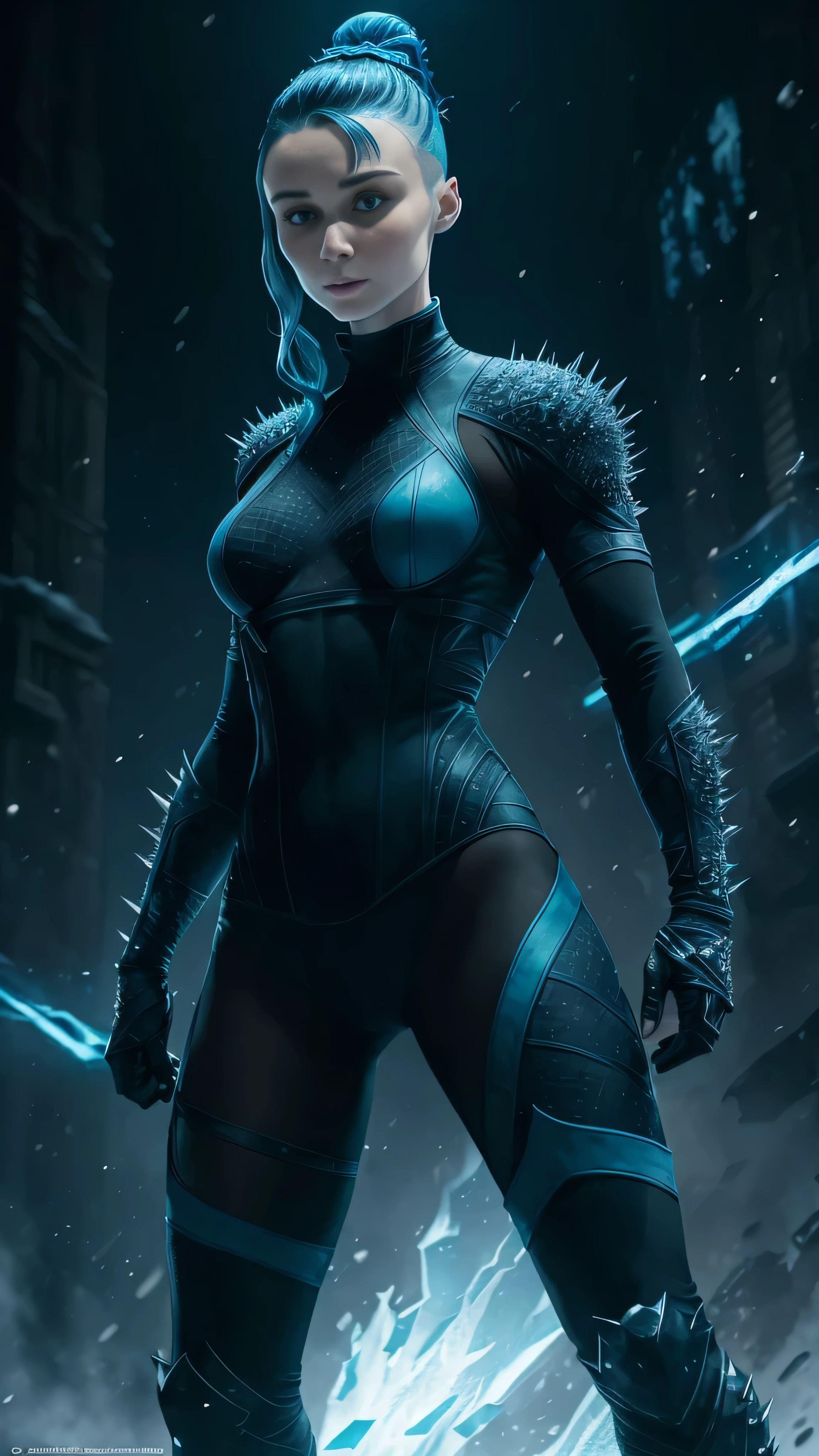 ((Rooney Mara)) as Frost from Mortal Kombat, youthful athletic build, short spiky light blue hair, blue-and-black ninja outfit, form-fitting bodysuit, cold and ice on background, 1woman, solo, full body view, intricate, high detail, sharp focus, dramatic, photorealistic painting art by greg rutkowski