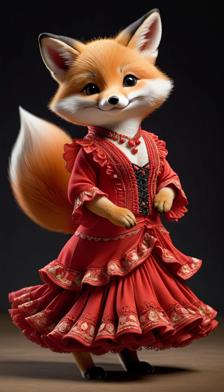 Photorealistic portrait of an animal wearing clothes - a chubby  fox flamenco dancer,( Flamenco poses),  high quality,(charming) ,intricate details, Very detailed ((flamenco costume)) ,Very detailed dress,, (happy), studio lighting,(full body image:1.5)