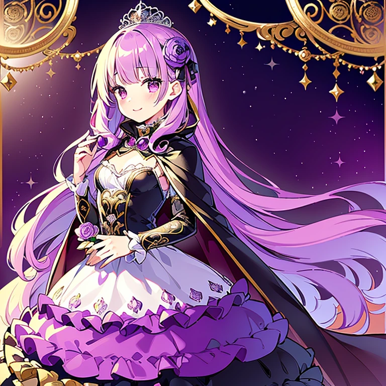 (kawaii),(best quality),(ultra detailed),(rococo style),(long train deep violet cape:1.15), very long cape,(long train deep violet ball gown with flower decorations:1.1), a girl is wearing a cape over her gown, 1 little princess, tiara, smile, very long hair, small breasts, beautiful detailed eyes, beautiful detailed lips