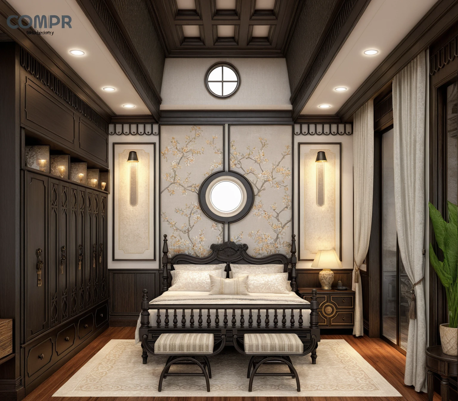 bed room, bench, tab bed, bench bed indochine motif, Indochine pillow pattern, blankets, pillows, (clear white ceiling), (grossy wooden material), (indochine style:1.2), (artistic lacquer paintings wall indochine motif), lamp, potted plant, (white wall:1.35), (black wooden furnitures:1.5), (wood window), interior design, (indochine furniture style), (An Cuong black Wooden Furniture indochine Style), (Black wooden frame decorated with Indochine motif), (An Cuong black wood with MDF surface glued with melamine coating), (architectural interior design visualization), (reflection), (focus on object), (material normal bump real reflection), (scattered light) ((((volumetric light))), (spotlight), (hidden light) (light ray), (multi-beam light), (sunbeam) (multi-level reflection), (grossy wooden floor), {warm led light|4000k|spotlight}, (day sky background), (chao vantage software visualization render:1.2),(((Best Quality))), ((Masterpiece)), ((best illustration)), ((best shadows)), (scattering light through curtains into indoor interior design), ((Super Detail)), (Intricate lines), (Photorealism),(hyper detail), ((archdaily)), ((award winning design)), (dynamic light), ((day)), (perfect light), (shimering light), ((photorealistic)), ((intricate detail)), ((extreme detail)), ((science)), ((hyper-detail)), ((super detail)), ((super realistic)), ((crazy detail)), ((octane render)), ((Cinematic)), ((trending on artstation)), ((High-fidelity)), ((Viwvid)), ((Crisp)), ((Bright)), ((Stunning)), ((Eye-catching)), ((High-quality)),((Sharp))((Bright)), ((Stunning)), Natural, ((Eye-catching)), ((Illuminating)), ((Flawless)), ((High-quality)),((Sharp edge render)), ((medium soft lighting)), ((photographic render)), ((detailed archviz)), (interior visualization with chao vantage software:1.2)
