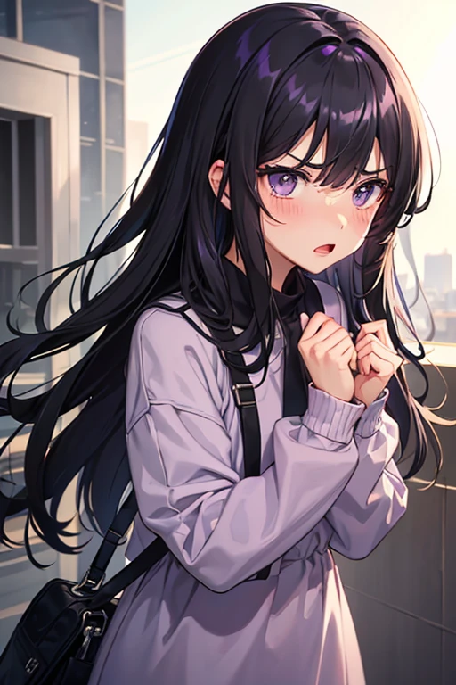1boy yelling, short lilac-black hair with a longer lock, lilac eyes, sweatshirt dress, blush face and angry expression