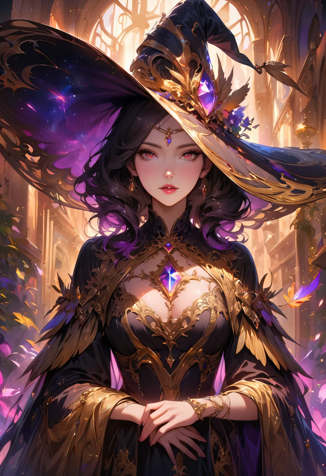 (best quality,ultra-detailed,realistic:1.37),luxurious golden witch hat,A beautiful witch,detailed golden threads,exquisite embroidery,golden Leaf embellishments,ornate Gold feather trim,majestic and enchanting witch hat,rich and vibrant colors,vivid and shimmering gold,noble and elegant design,sparkling gemstone accents,dazzling light reflection,mesmerizing and graceful silhouette,enchanting and mystical haze,studio lighting,masterpiece:1.2