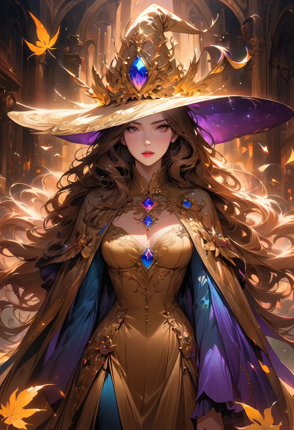 (best quality,ultra-detailed,realistic:1.37),luxurious golden witch hat,A beautiful witch,detailed golden threads,exquisite embroidery,golden Leaf embellishments,ornate Gold feather trim,majestic and enchanting witch hat,rich and vibrant colors,vivid and shimmering gold,noble and elegant design,sparkling gemstone accents,dazzling light reflection,mesmerizing and graceful silhouette,enchanting and mystical haze,studio lighting,masterpiece:1.2