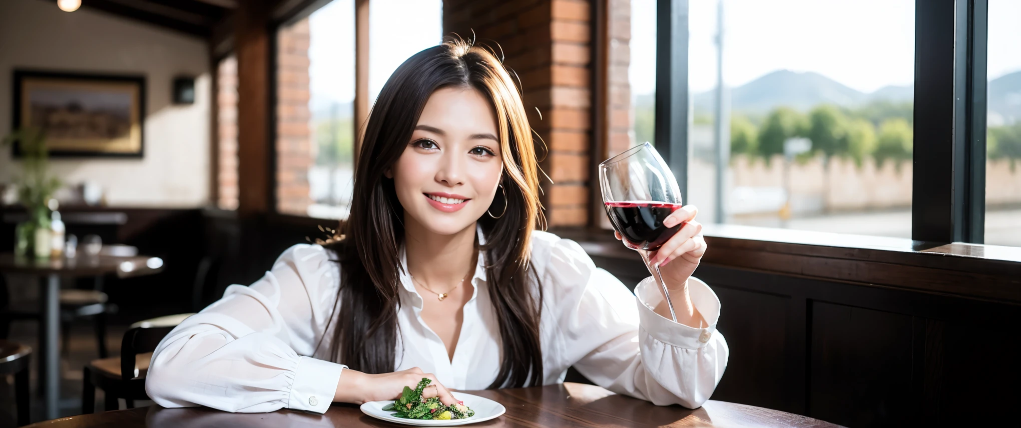 ((highest quality、8K、masterpiece:1.3))、Beautiful woman perfect body:1.4、slimなボディ、((Bob Hale、straight hair:1.2))、 ultra high resolution, bright image、2. The beauty of wine, beautiful face, blue eyes, fine eyes, light shines on your face, blush your nose, short hair,Spectacular view of the sunset sky and clouds、Amazing mountain views、ニコニコ明るいsmile、smileの素敵な女性、bright face、Fox face、lady、Champagne、Wine bottle、wine glass、red wine 、Appetizer、Italian food、Two beauties、brown hair、shortcut、long sleeve shirt、winter fashion、dress、Wine bottle、sparkling wine、Pretty Woman 1, (slimな顔), (brown hair), (shortcut), cheeks turn a little red, (42 years old), 39 years old, charming beauty、restaurant, nova frog style, actress, model, Upper body, White wine, slim, wine glass, 真ん中に置かれたwine glass, smile, (smile: 1.15), 綺麗なfine eyes, Strong light and shadow,moist body:1.5、delicate eyes、brown hair、The hair is very shiny、