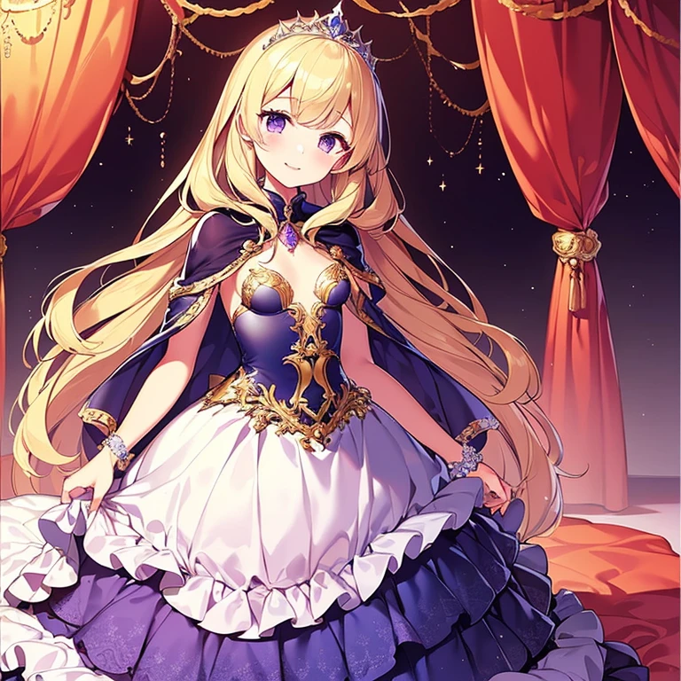 (kawaii),(best quality),(ultra detailed),(rococo style),(long train deep violet cape:1.15), very long cape,(long train deep violet ball gown with flower decorations:1.1), a girl is wearing a cape over her gown, 1 little princess, tiara, smile, very long hair, small breasts, beautiful detailed eyes, beautiful detailed lips