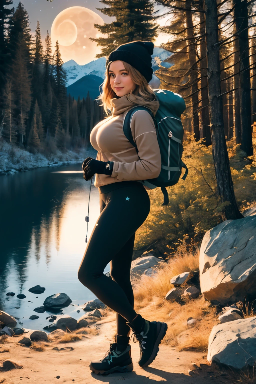 1 woman((full body shot, happy)), masterpiece, best quality, ultra-detailed,  solo, outdoors, (night), mountains, nature, (stars, moon)   cheerful, happy, backpack, sleeping bag, camping stove, water bottle, large ass, wide hips, tight black yoga pants, mountain boots, gloves, large breasts, huge tits visible through sweater, hat, flashlight, forest, rocks, river, wood, smoke, shadows, contrast, clear sky,
analog style (look at viewer:1.2)  (skin texture)
(film grain:1.3), (warm hue, warm tone)