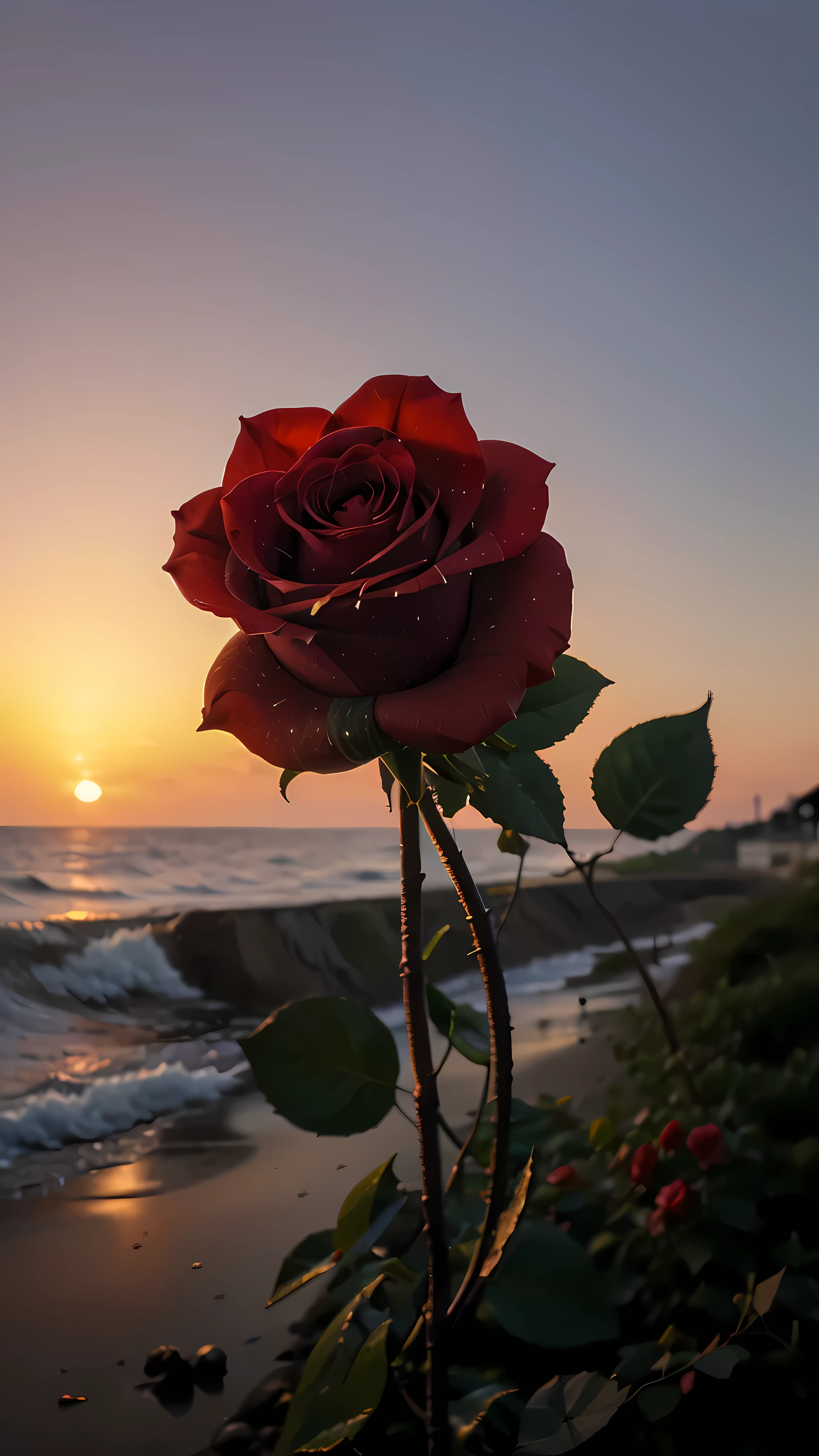 Close-up shot, a rose flower, the background is the gorgeous sunset by the sea, real texture, warm